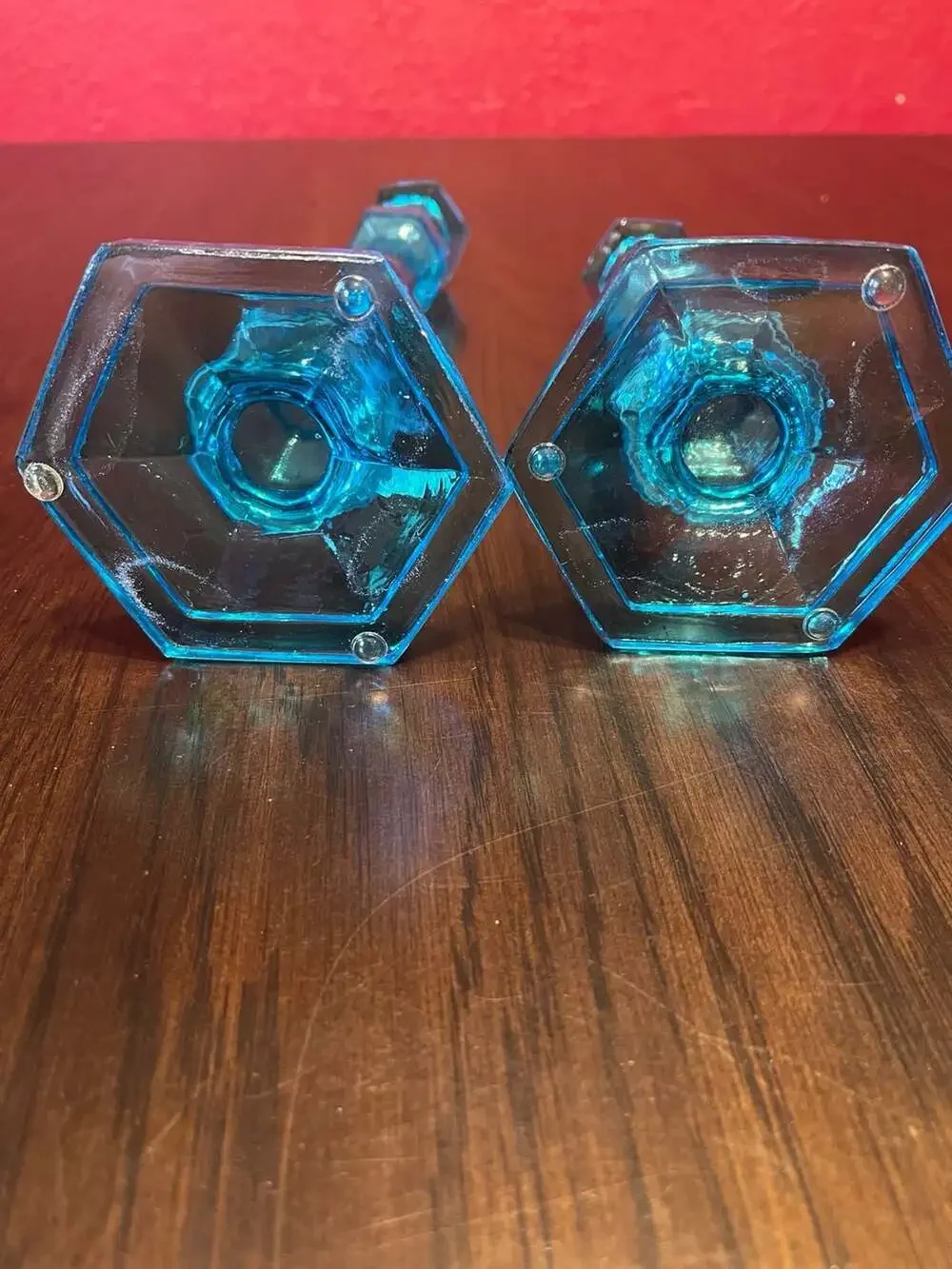 Vintage Fostoria Teal Blue Glass Candlestick Set of 2/ Vintage Blue Glass Candle